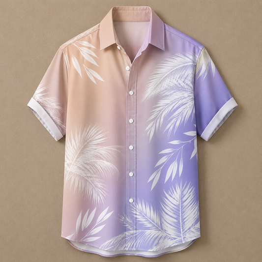 A short-sleeve button-up camp shirt with a gradient color scheme transitioning from peach to lavender, decorated with white palm leaf prints, displayed on a solid tan background.