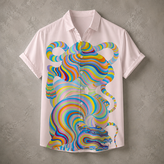 A short-sleeve button-up shirt in a very light pink or off-white color, featuring a large, vibrant, multicolored psychedelic tiger graphic printed on the front. The shirt is displayed flat against a textured gray concrete wall.