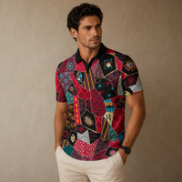 Man wearing a colorful patterned shirt against a beige background