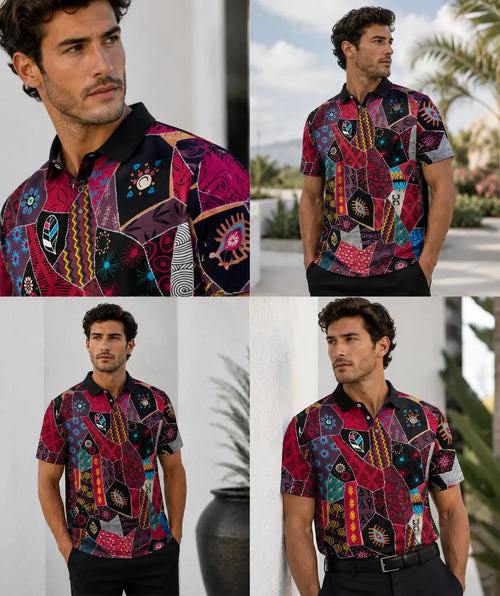 Man wearing a colorful patterned shirt in various poses with a white background.