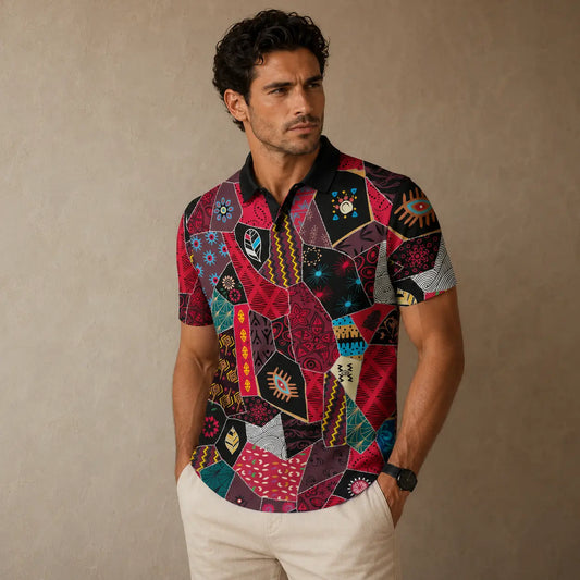 Man wearing a colorful patterned shirt against a beige background