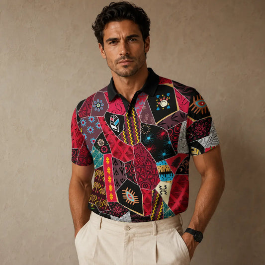 Man wearing a colorful patterned shirt against a beige background