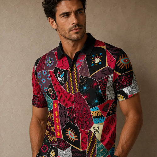 Man wearing a colorful patterned shirt against a beige background