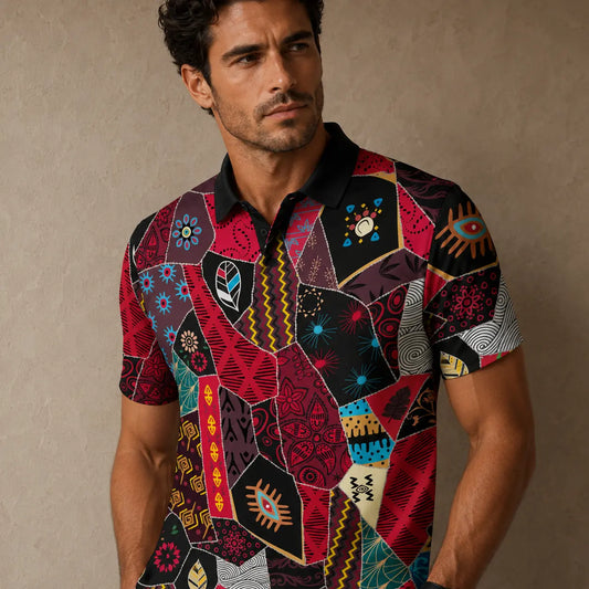 Man wearing a colorful patterned shirt against a beige background