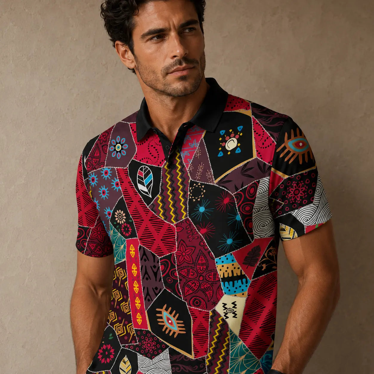 Man wearing a colorful patterned shirt against a beige background