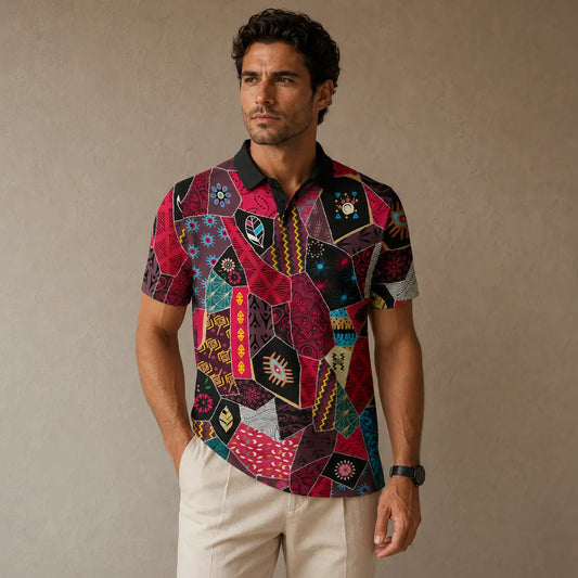 Man wearing a colorful patterned shirt against a beige background