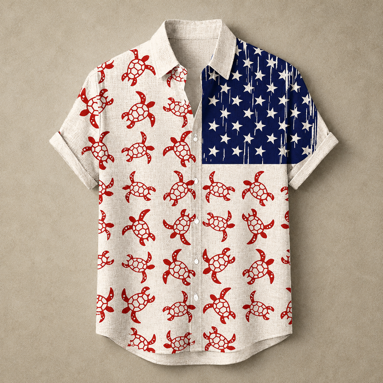 A short-sleeve button-up shirt laid flat on a textured beige background. The shirt has an off-white base with a repeating red turtle print on the left side and a navy blue field with white stars on the right side, styled like a stylized American flag.