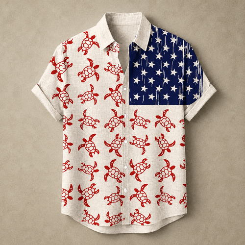 A short-sleeve button-up shirt laid flat on a textured beige background. The shirt has an off-white base with a repeating red turtle print on the left side and a navy blue field with white stars on the right side, styled like a stylized American flag.