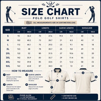 Size chart for polo golf shirts with measurements in centimeters and inches.