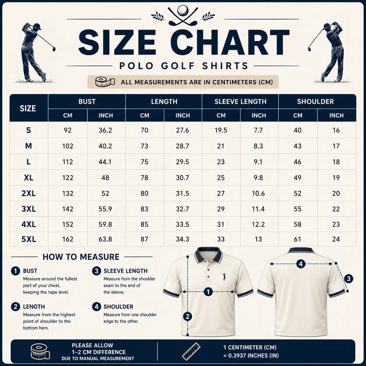 Size chart for polo golf shirts with measurements in centimeters and inches.