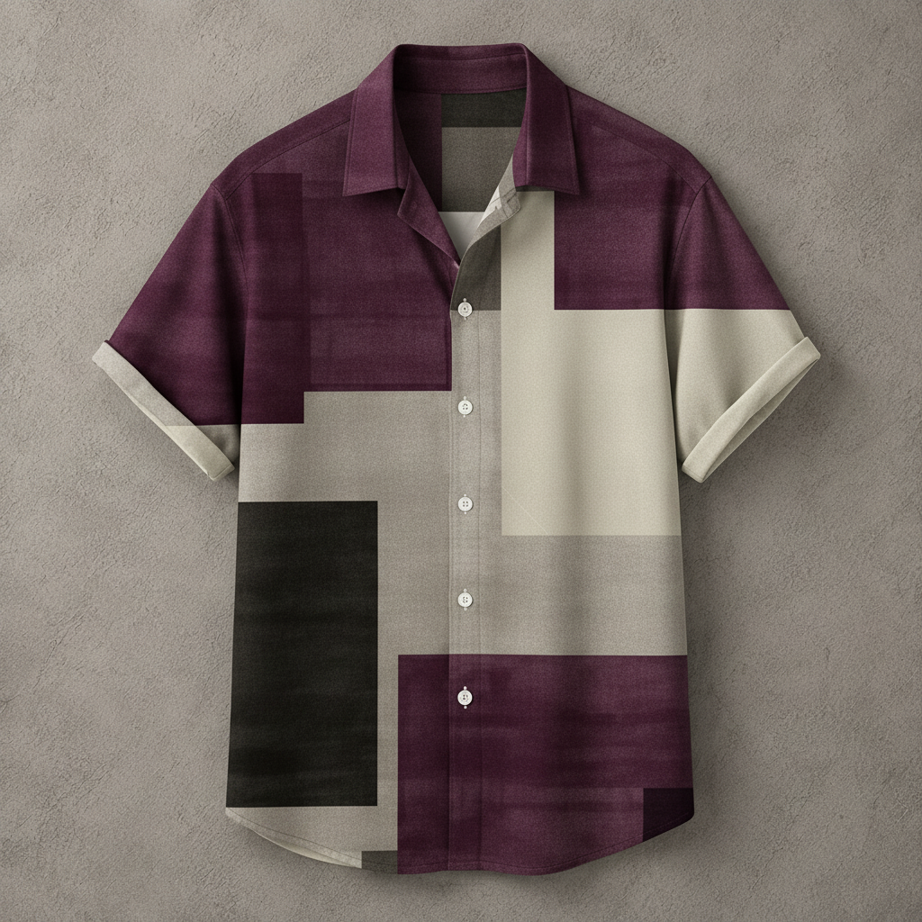 A short-sleeve button-up shirt with a geometric patchwork pattern in deep purple, cream, and charcoal gray, displayed flat against a textured gray background.