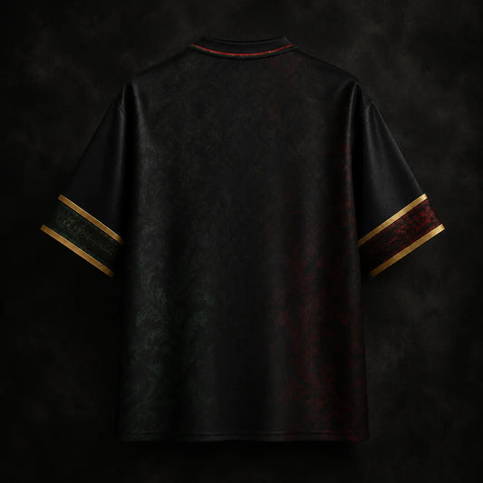 Dark textured shirt with gold accents on a dark background