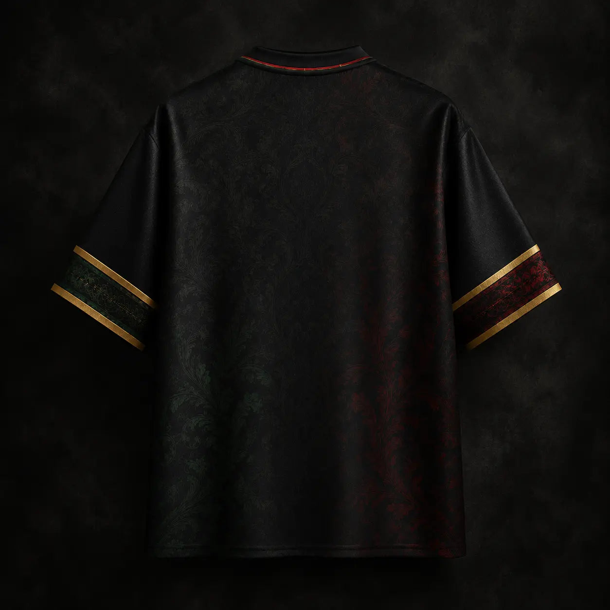 Dark textured shirt with gold accents on a dark background