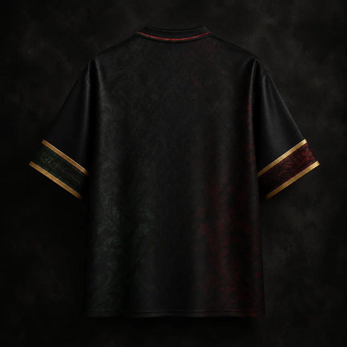 Dark textured shirt with gold accents on a dark background