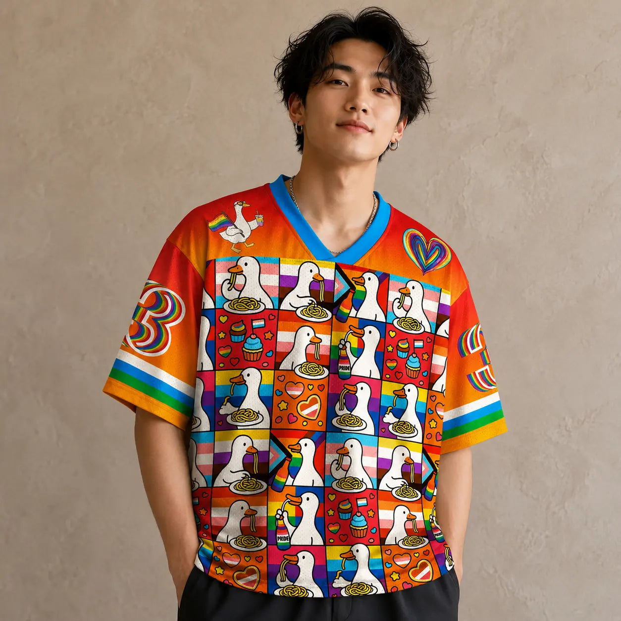 Pride Duck Spaghetti Rainbow Jersey Shirt All Over Print Chaosbornwear