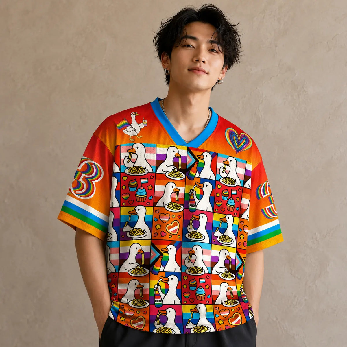 Pride Duck Spaghetti Rainbow Jersey Shirt All Over Print Chaosbornwear