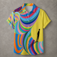 A short-sleeve button-up shirt with a vibrant retro psychedelic swirl pattern in multiple colors, featuring a solid yellow right side with a black silhouette of a person standing, set against a textured gray background.
