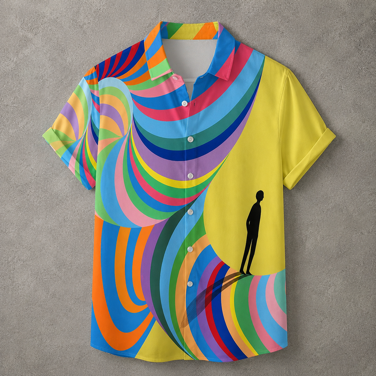 A short-sleeve button-up shirt with a vibrant retro psychedelic swirl pattern in multiple colors, featuring a solid yellow right side with a black silhouette of a person standing, set against a textured gray background.