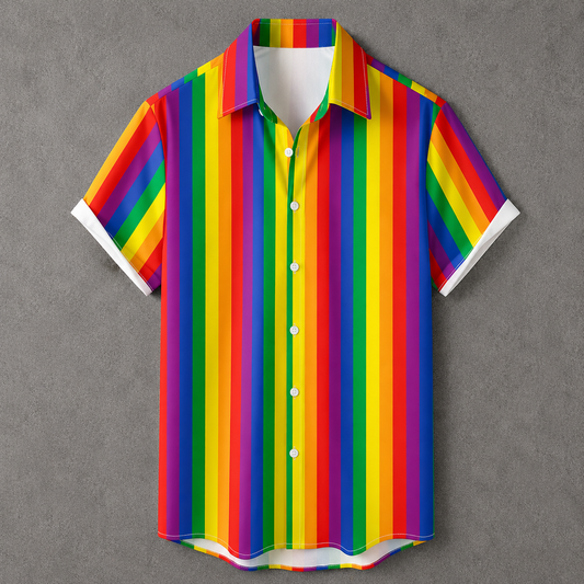 A short-sleeve button-up shirt with a vibrant vertical rainbow stripe pattern, featuring white buttons and white cuffs, displayed against a textured gray background.