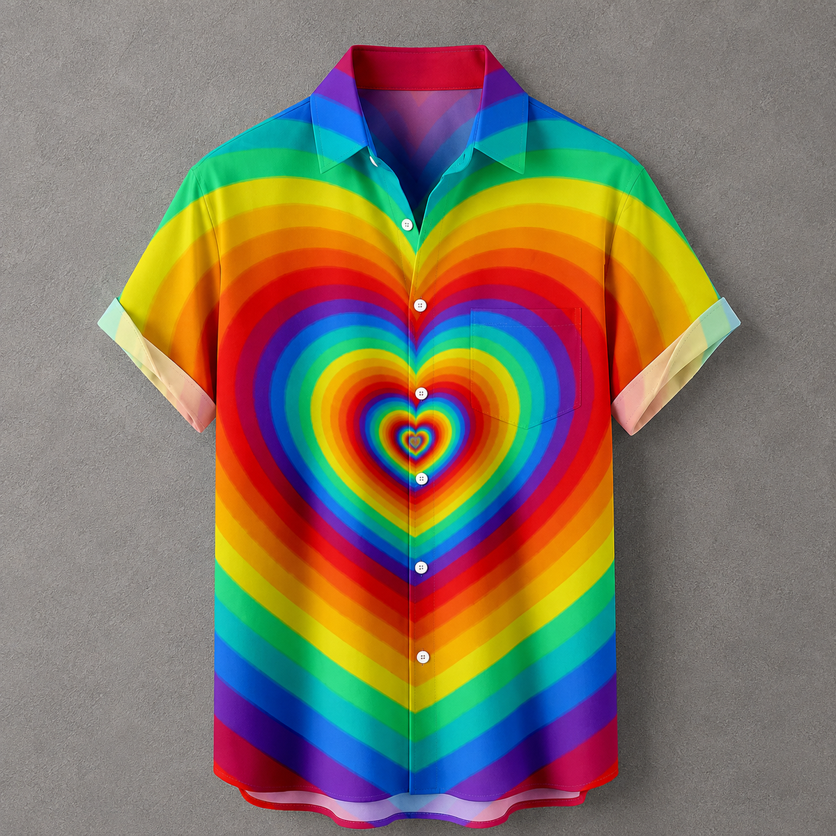 A short-sleeve button-up camp shirt with a vibrant rainbow heart pattern, displayed flat against a textured gray background.