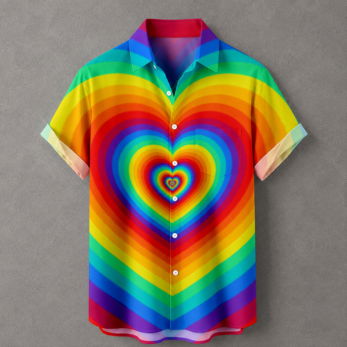 A short-sleeve button-up camp shirt with a vibrant rainbow heart pattern, displayed flat against a textured gray background.