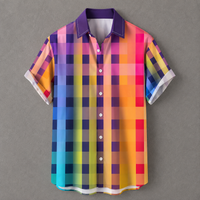A short-sleeve button-up shirt with a vibrant multicolor pixelated plaid pattern, featuring a purple collar and white buttons, displayed against a neutral gray background.