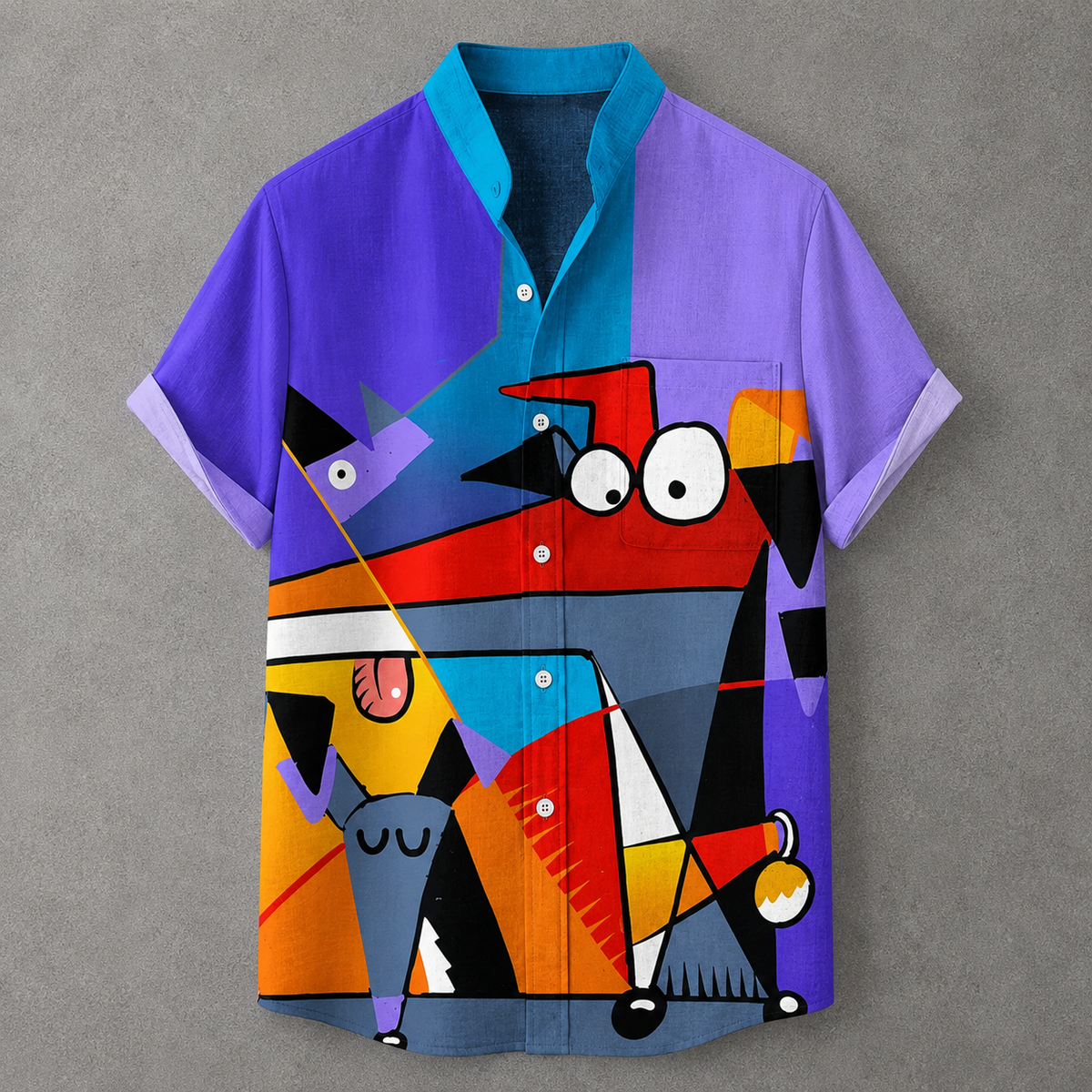 A short-sleeve button-up shirt with a vibrant, colorful abstract geometric print featuring cartoon-like shapes. The shirt has a purple collar and sleeves, a bright blue inner placket, and a multicolor print on the front with red, orange, yellow, blue, and black shapes.