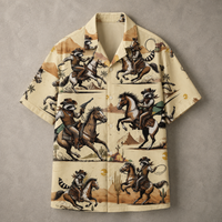 A short-sleeve button-up camp shirt with an all-over print of raccoons riding horses in a desert western scene, laid flat on a textured gray background.