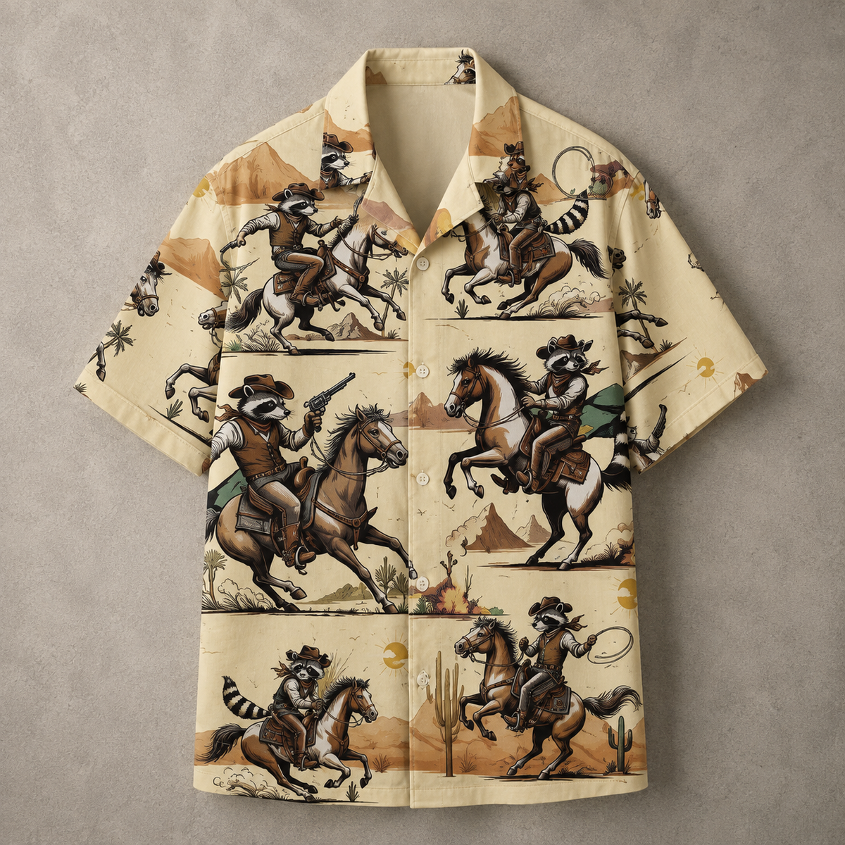 A short-sleeve button-up camp shirt with an all-over print of raccoons riding horses in a desert western scene, laid flat on a textured gray background.
