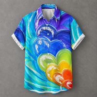 A short-sleeve button-up shirt with a vibrant, colorful abstract heart design in shades of blue, purple, green, yellow, orange, and red, displayed flat against a textured gray background.