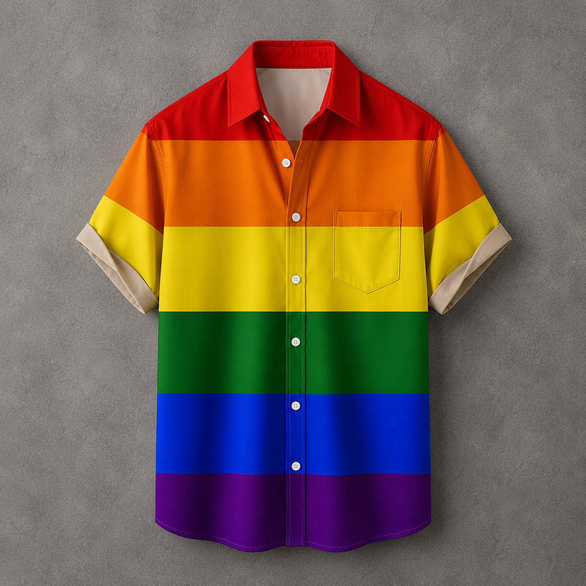 A short-sleeve button-up shirt with horizontal rainbow stripes in red, orange, yellow, green, blue, and purple, displayed against a textured gray background.