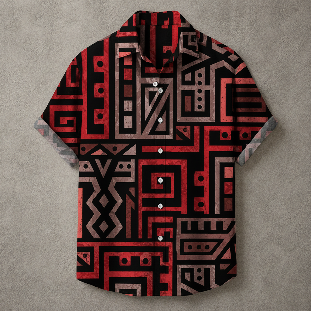 A short-sleeve button-up shirt with a bold geometric tribal-inspired pattern in red, black, and beige, displayed flat against a textured gray background.