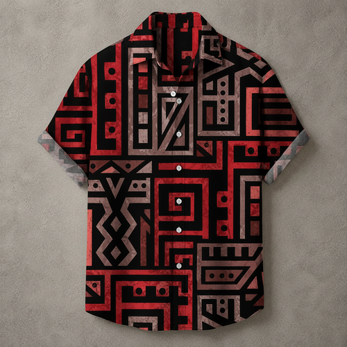 A short-sleeve button-up shirt with a bold geometric tribal-inspired pattern in red, black, and beige, displayed flat against a textured gray background.