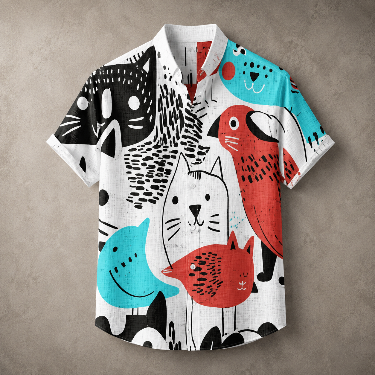 A short-sleeve button-up camp shirt with a playful cartoon animal print featuring black, white, red, and turquoise cats and birds on a white base, displayed against a textured gray background.