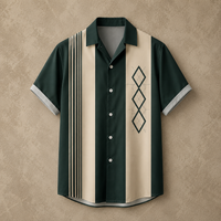 A short-sleeve button-up shirt with a dark green and cream vertical stripe design, featuring a geometric diamond pattern on the right chest and striped detailing on the left sleeve, displayed against a textured beige background.