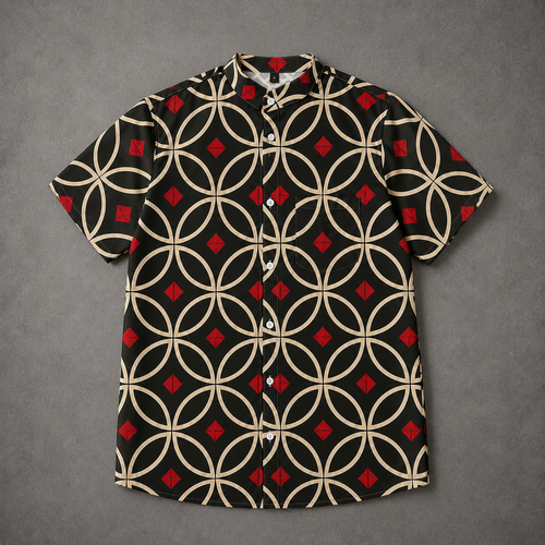 A short-sleeve button-up camp shirt with a black base, beige interlocking circle pattern, and red diamond accents, laid flat on a textured gray background.