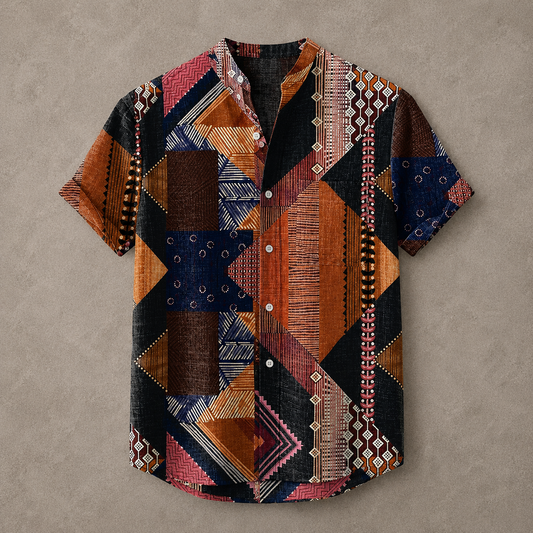 A short-sleeve button-up shirt with a complex geometric patchwork pattern in orange, brown, navy, pink, and black, laid flat on a textured beige background.
