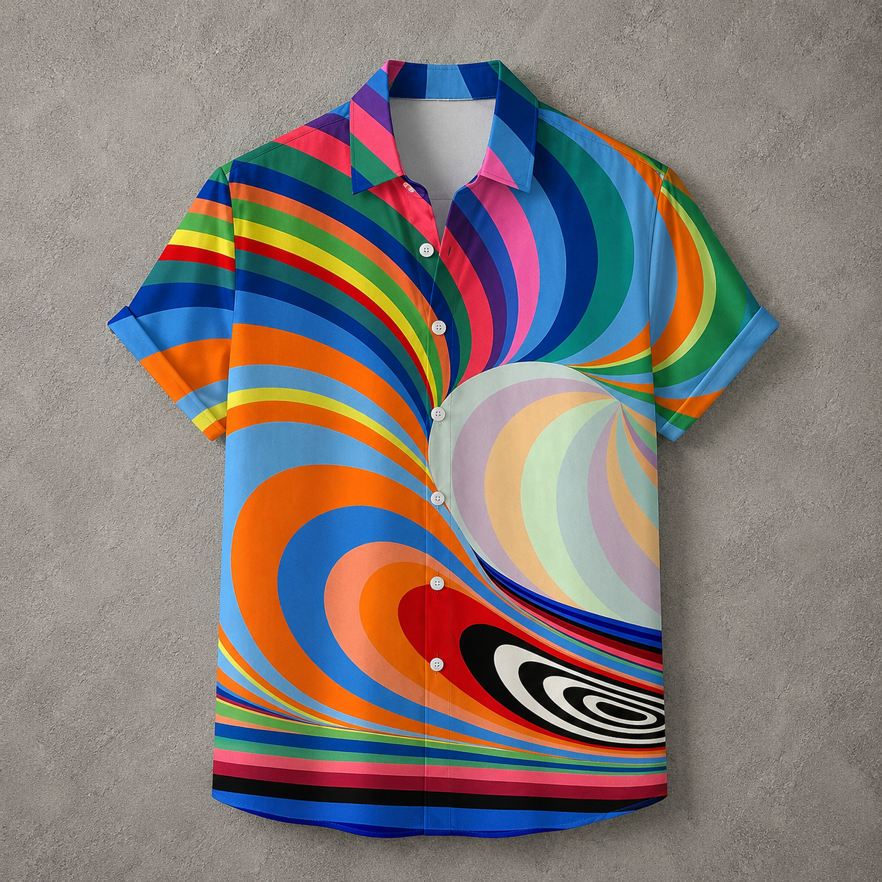 A short-sleeve button-up shirt with a vibrant retro 70s psychedelic swirl pattern, laid flat on a textured gray background.
