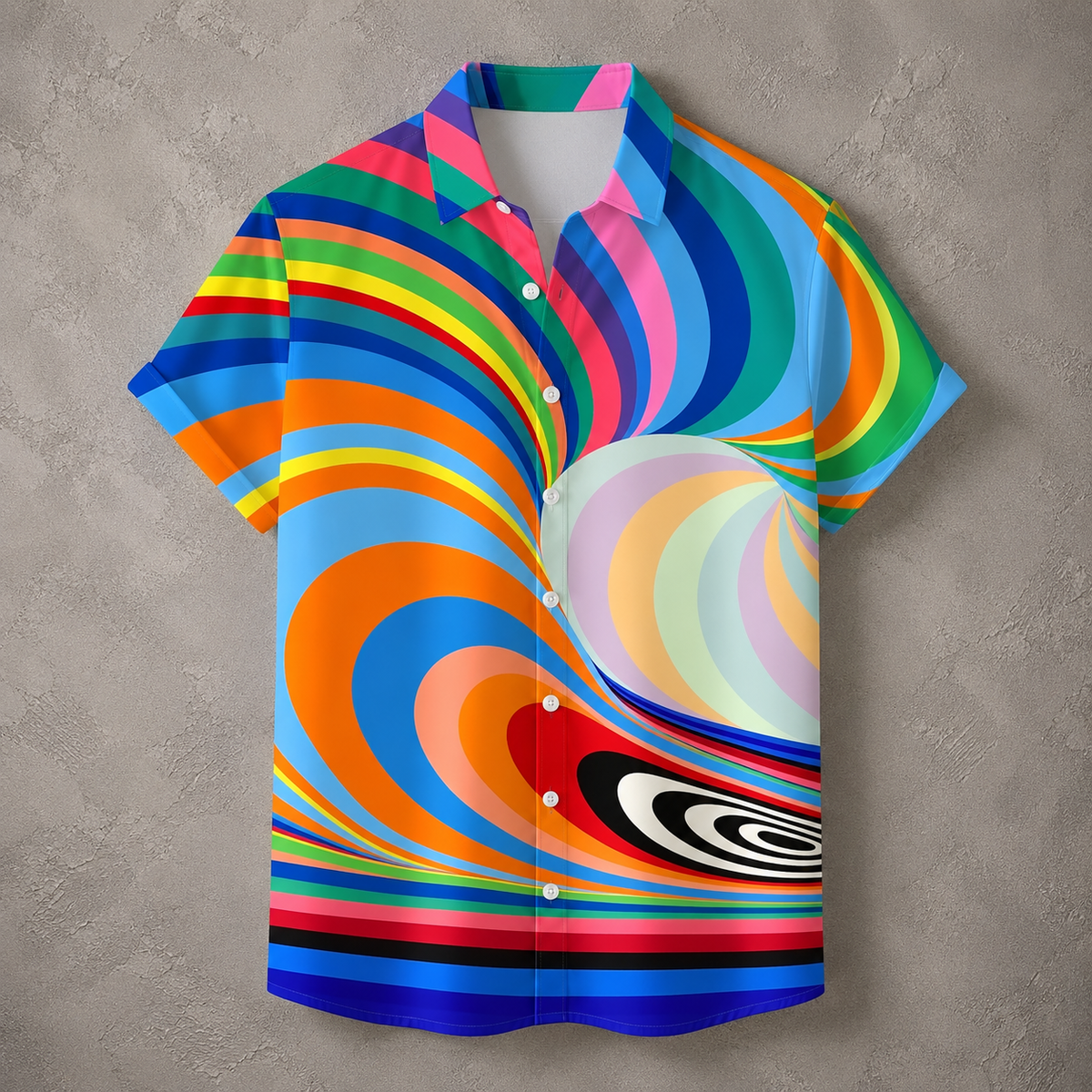 A short-sleeve button-up shirt with a vibrant psychedelic swirl pattern in multiple bright colors, displayed against a textured gray background.