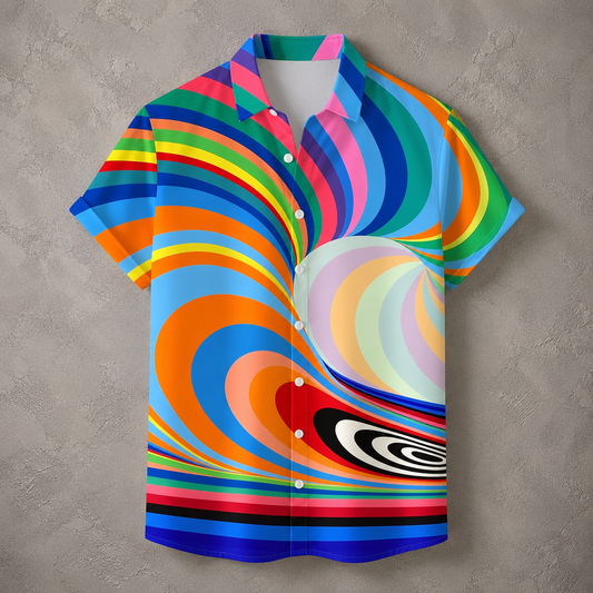 A short-sleeve button-up shirt with a vibrant psychedelic swirl pattern in multiple bright colors, displayed against a textured gray background.