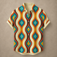 A short-sleeve button-up shirt with a retro wavy geometric pattern in teal, orange, brown, and yellow on a cream linen-textured background, displayed flat against a neutral taupe backdrop.