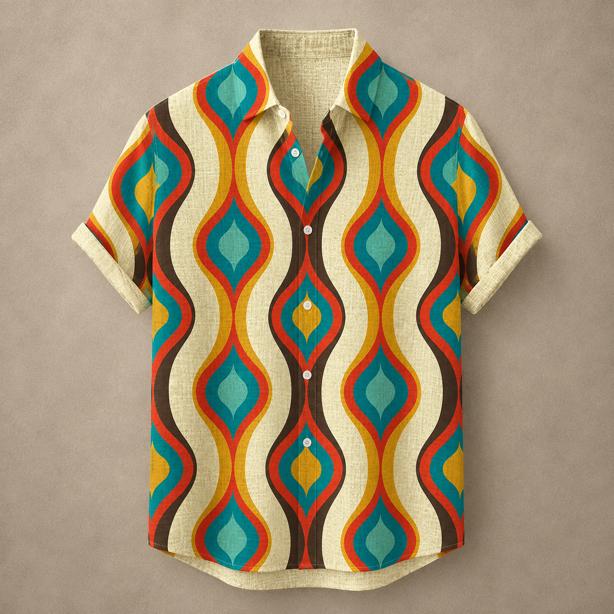 A short-sleeve button-up shirt with a retro wavy geometric pattern in teal, orange, brown, and yellow on a cream linen-textured background, displayed flat against a neutral taupe backdrop.