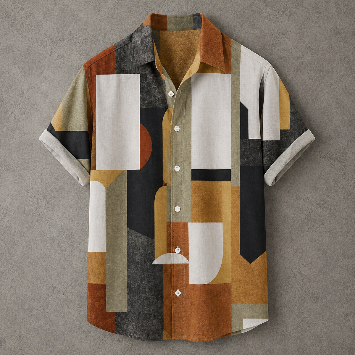 A short-sleeve button-up shirt with an abstract geometric block pattern in orange, beige, white, gray, and black, laid flat against a textured gray background.