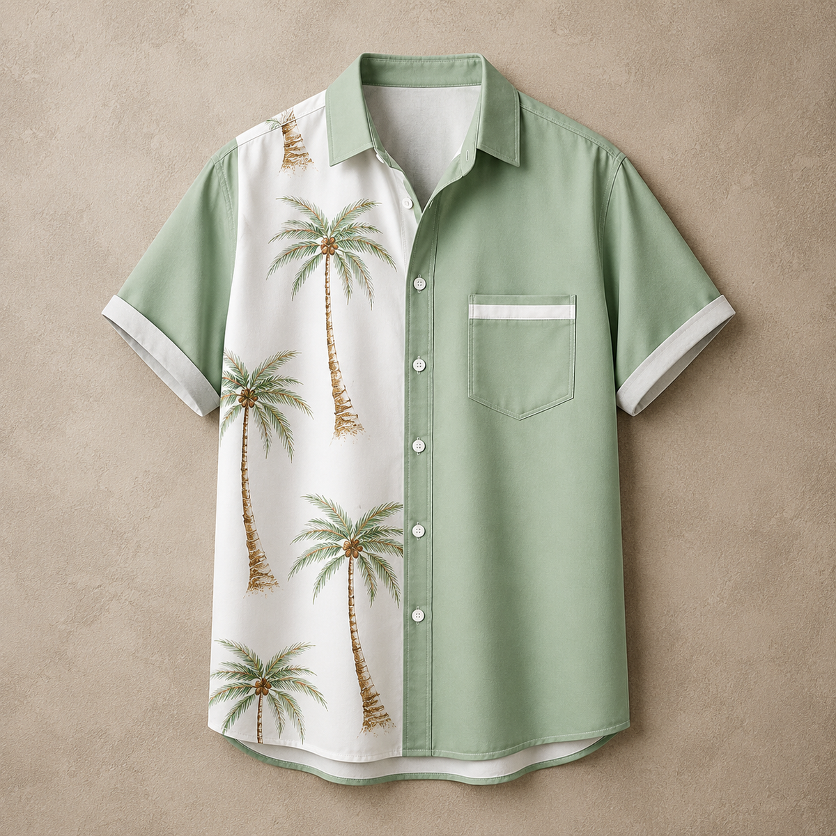 A short-sleeve button-up shirt laid flat on a textured beige background. The shirt has a split design: one half is solid pale green, and the other half is white with a vertical print of palm trees.