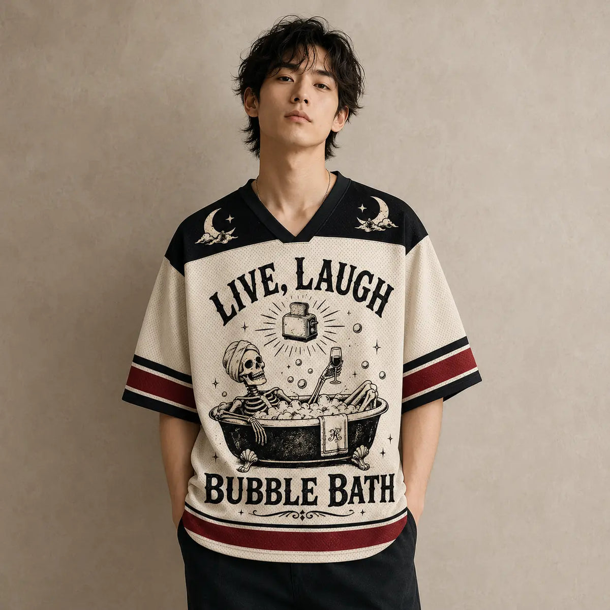 Skeleton Jersey Shirt Live Laugh Bubble Bath Graphic Chaosbornwear