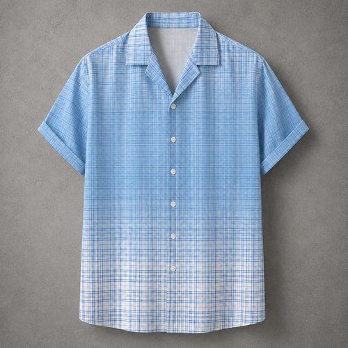 A light blue and white plaid short-sleeve button-up shirt with a camp collar, displayed flat against a textured gray background.