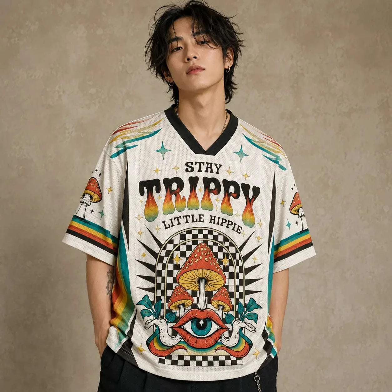 Stay Trippy Little Hippie Mushroom Eye Jersey Shirt 99 Chaosbornwear