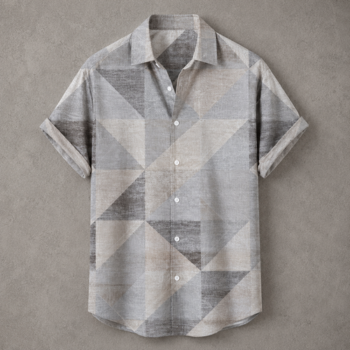 A short-sleeve button-up shirt with a geometric triangle pattern in shades of gray, beige, and taupe, laid flat against a textured gray background.