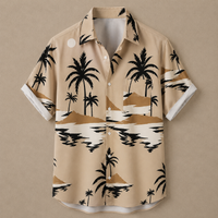 A beige short-sleeve button-up shirt with a tropical print of black palm trees, white water, and tan sand dunes, shown against a solid beige background.