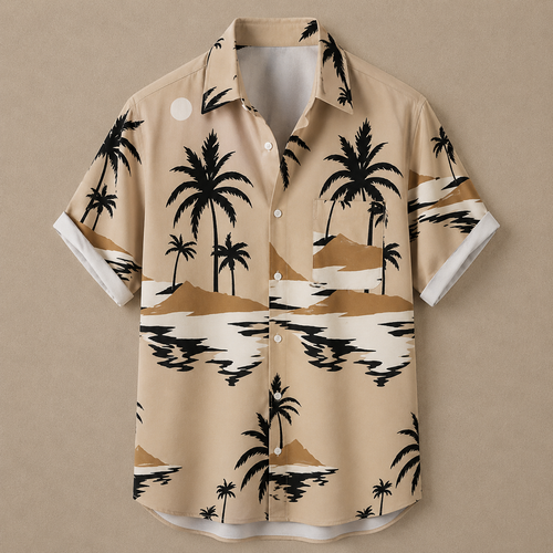 A beige short-sleeve button-up shirt with a tropical print of black palm trees, white water, and tan sand dunes, shown against a solid beige background.